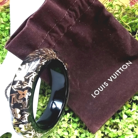 HP LOUIS VUITTON Elegant INCLUSION Shiny Black Gold Bangle Resin LV Bracelet LN - Picture 5 of 16